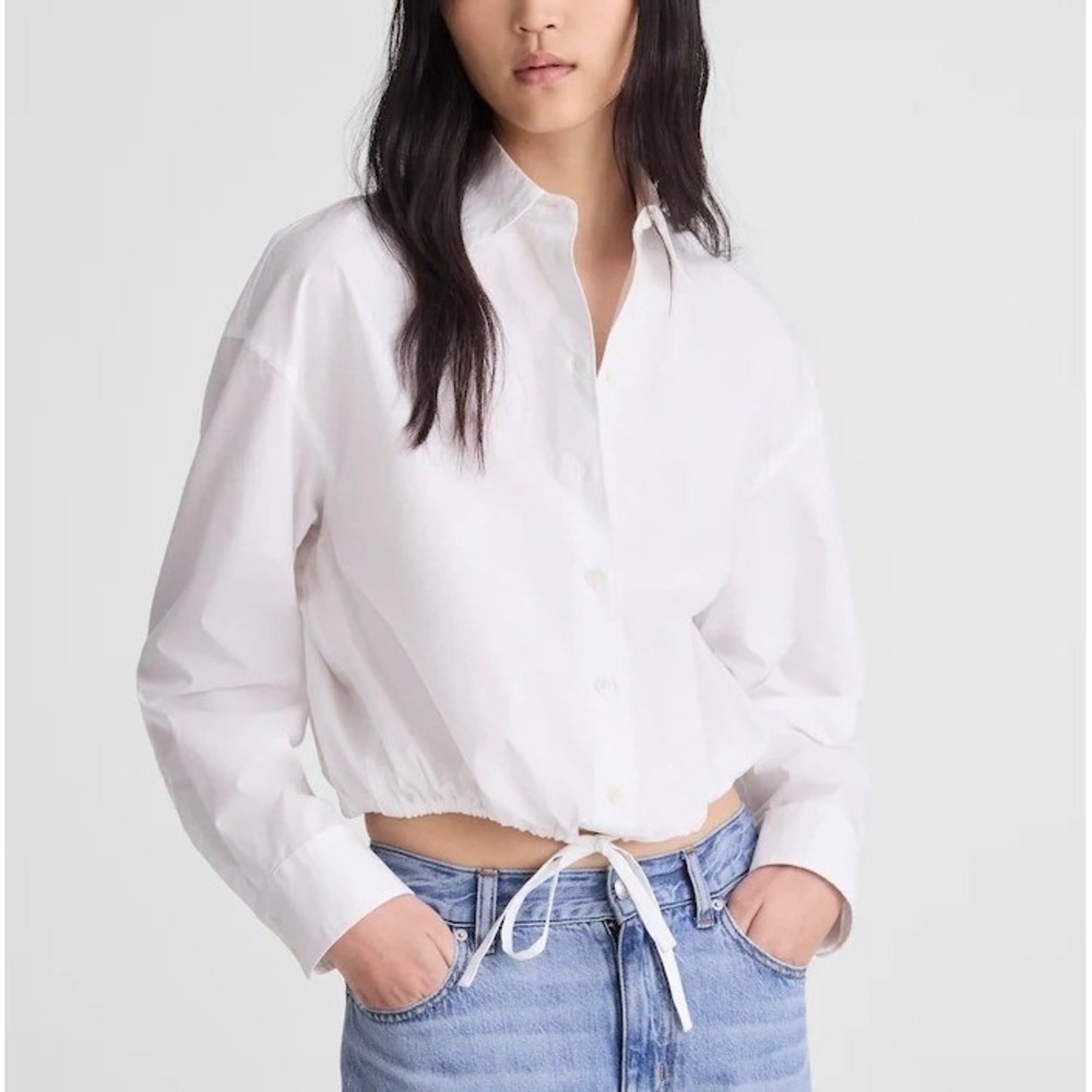 Madewell NZ452 XXS White Drawstring Hem Button Front Shirt Long Sleeve NWT